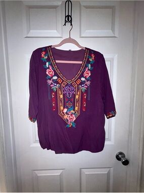 Embroidered V-Neck Boho Top - Purple